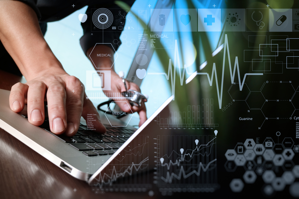 Doctor working at workspace with laptop computer in medical workspace office and digital medical layers diagram with green plant foreground