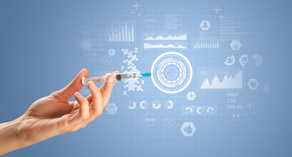 Female doctor hand holding syringe with research data graphic