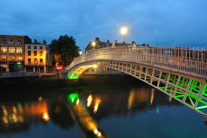 The Ha'penny Bridge over the  River Liffey in Dublin, Ireland.